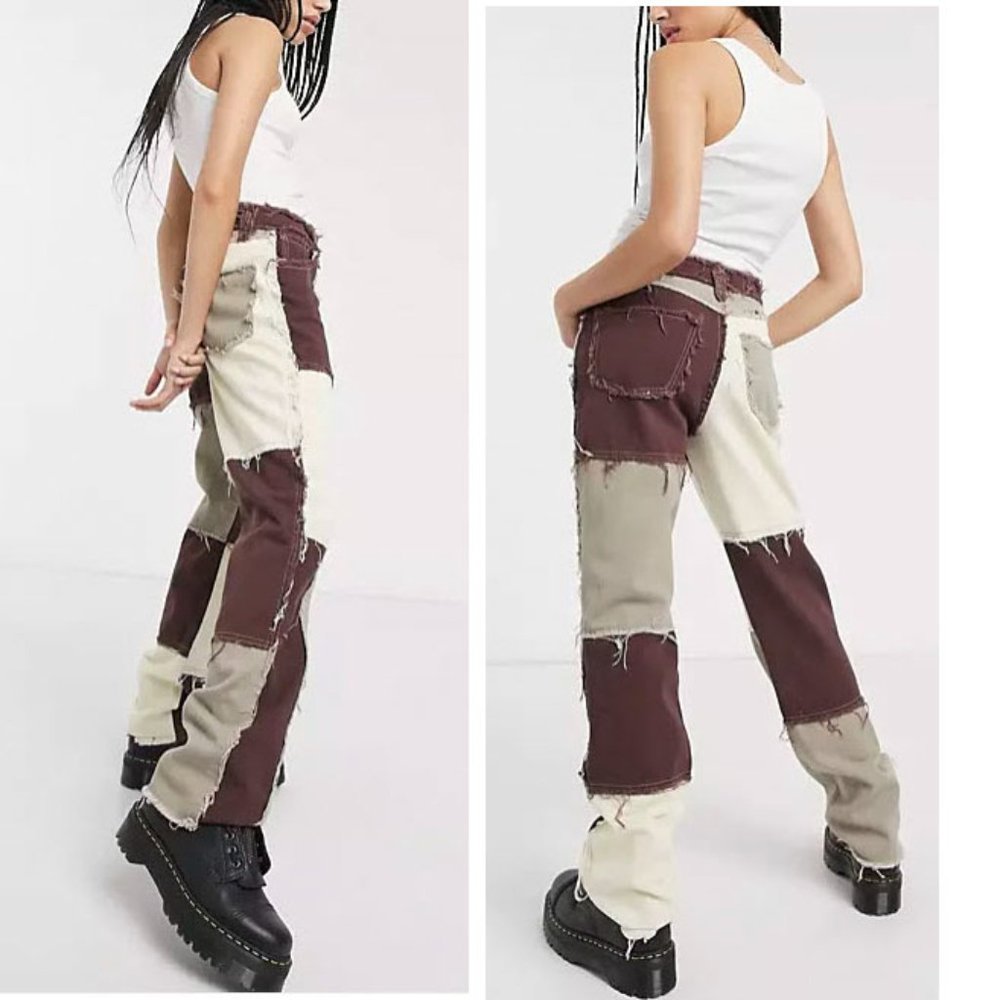 Jaded London Womens High Waisted Brown Patchwork Denim Jeans Pants NWT